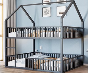 Łóżko piętrowe dziecięce 140x200 cm - ze schodkami - z drzwiczkami - Metal - Czarny (materac nie jest w zestawie)
