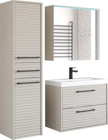 Nowoczesne meble łazienkowe z LED, zestaw wiszący z umywalką, lustrem i słupkiem, fronty MDF fala kaszmirowy beż