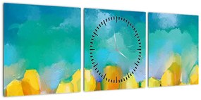 Obraz żółtych tulipanów (z zegarem) (90x30 cm)