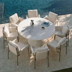 Zestaw Okrągłego Stołu Ø150 Cm Z Cementu Numira Oraz 8 Tapicerowanych Krzeseł Ogrodowych Z Podłokietnikami I Stalą Zunika Intensywny - Sklum