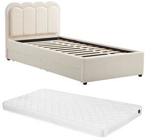 Łóżko 90 x 190 cm z 2 szufladami - Z oświetleniem LED - Tkanina z bukli - Kremowe + Materac - NESTIAKO