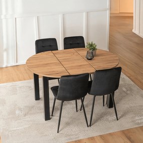 Zestaw Stół Okrągły Rozkładany HARRY 102-142 cm Dąb Craft/Czarny i 4 Krzesła PERU Czarne Welurowe