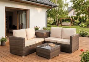 Zestaw mebli ogrodowych Aruba narożny 3-elementowy brąz/beż technorattan + stolik z szklanym blatem