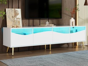 Nowoczesna szafa TV 180x40x50 cm - 4 szuflady - z oświetleniem LED - Nogi metalowe - Front szklany - Biały