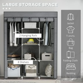 HOMCOM Szafa z Tkaniny, Rozwiązanie do Przechowywania, 8 Regałów, 2 Drążki na Ubrania, Ciemnoszary