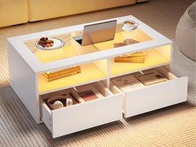 Stolik kawowy 100x50x35cm - z oświetleniem LED - 2 szuflady - Blat szklany - Otwarta przestrzeń do przechowywania - Biały