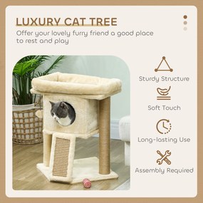 PawHut Drapak z matą do drapania z juty, platformą do leżenia, piłką do zabawy, domkiem dla kota, Beżowy, 40 x 40 x 57 cm