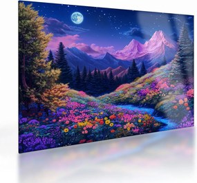 Obraz na szkle - Fioletowy krajobraz przy pełni księżyca (70x50 cm)