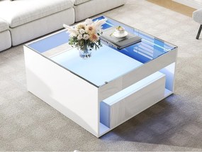 Błyszczący stolik kawowy 70x70x35 cm - Z oświetleniem LED - 1 szuflada - Otwarta półka - Blat hartowanego szkła - MDF - Biały