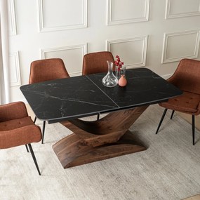 Zestaw Stół Rozkładany Ceramiczny ALICANTE 160-200 cm Czarny/Orzech i 4 Krzesła Tapicerowane EDRICK Rude