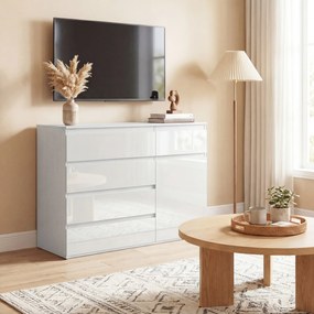 HOMCOM Nowoczesny sideboard, szafka do przechowywania z 5 szufladami, regulowaną półką, drzwiami Soft-Close, biały wysoki połysk | Aosom PL