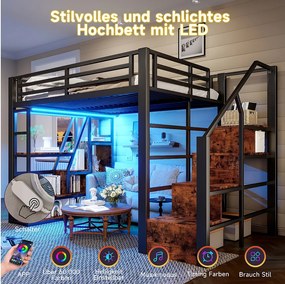 Podświetlana antresola z metalu - 140 x 200 cm - z płytą kuchenną + blatem kuchennym + diodami LED - MDF + metal - czarna