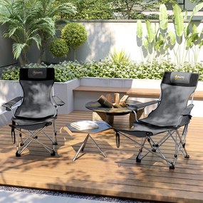 Outsunny Zestaw 2 krzeseł kempingowych składanych fotel wędkarski z odpinanym podnóżkiem uchwyt na napój nośność 120 kg Szary | Aosom PL