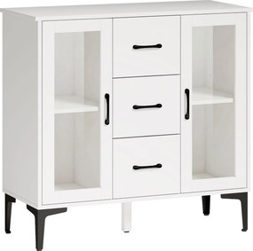 HOMCOM Nowoczesny sideboard z drzwiami z cichym domykaniem, kredens z 3 szufladami i 2 drzwiami ze szkła, regulowane półki, MDF, biały