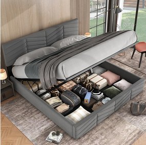 Łóżko ze schowkiem 180x200 cm - szary aksamit - łóżko podwójne z regulowanym zagłówkiem i stelażem - bez materaca