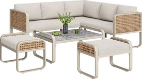 Zestaw ogrodowy, meble rattanowe dla 6-7 osób, narożna kanapa - ze stali ocynkowanej, regulowane nóżki, Beżowy
