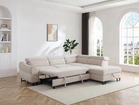 Kanapa narożna rozkładana  z beżowej tkaniny teksturowanej VAVERDO