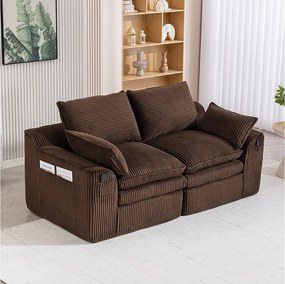 Modułowa sofa 2-osobowa w sztruksie - 191 x 94 x 85 cm - z 1 pufem + poduszki + 2 kieszenie - brązowa