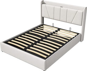 Łóżko z pojemnikiem 140x200 z USB i gniazdem typu C, tapicerowane, z podstawą z listew, łóżko podwójne, beżowe