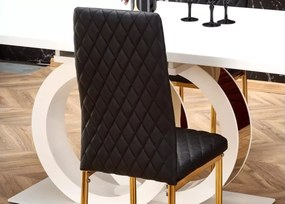 Elegancki rozkładany stół Tazzisto 160-200/90 biały połysk z blatem z MDFu lakierowanego i złotymi detalami do salonu glamour