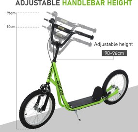 HOMCOM hulajnoga dziecięca hulajnoga miejska hulajnoga dziecięca opony pneumatyczne 16 cali zielona 139 x 58 x 90-96 cm regulowana aluminiowa