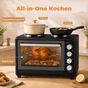 HOMCOM 36 l mini piekarnik z 2 płytami grzewczymi, elektryczny piekarnik stołowy z termoobiegiem, 90–230 °C | Aosom PL