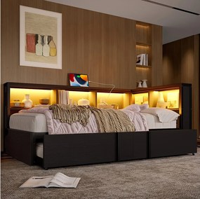 Metalowa sofa dziecięca z funkcją spania - 90 x 200 cm - z wysuwanym łóżkiem + pojemnikiem + diodami LED + USB - MDF + metal - czarna