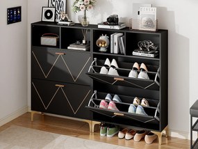 Szafa na buty 80x25x117 cm - z 4 drzwiczkami uchylnymi - z 4 półotwartymi półkami - MDF + Metal - Czarny