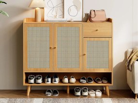 Szafa na buty z naturalnego rattanu 120×35×106 cm - z 3 drzwiami i 1 szufladą - płyta wiórowa - naturalny
