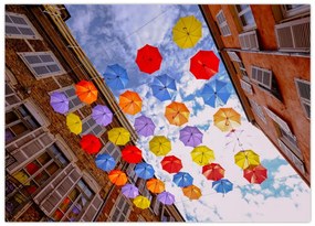 Obraz na szkle kolorowych parasoli (70x50 cm)