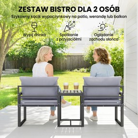 Outsunny 3-częściowy zestaw mebli balkonowych: 2 fotele ze stolikiem, zdejmowane poduszki na siedzisko i oparcie, oddychające pokrowce, szary | Aosom PL