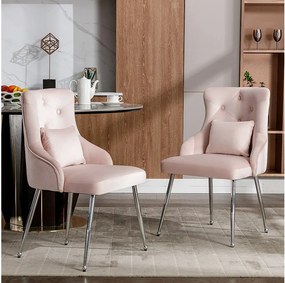 Komplet 2 krzeseł welurowych - 87,5 x 58,5 x 54,5 cm - fotel tapicerowany z poduszką lędźwiową - z metalowymi nogami - różowy