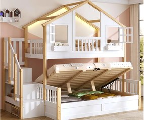 Łóżko piętrowe dziecięce 90x200 + 140x200cm - z dolnym łóżkiem ze skrzynią - LED i drabina z pojemnikami - biały i naturalny​ (bez materaca)