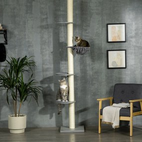 PawHut Funkcjonalna Drapak dla Kota z Hamakiem - Element Sufitowy, Szaro-Kremowy, 40x40x250cm - Aktywna Zabawa