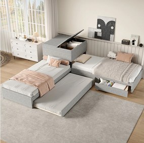 Łóżko narożne 2 x 90 x 200 cm + łóżko wysuwane 90 x 190 cm - 2 szuflady i szafka do przechowywania - Tkanina lniana - Szary (bez materaca)