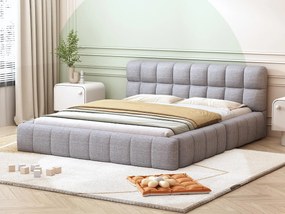 Łóżko podwójne tapicerowane 140x200cm z tkaniny lnianej - z grubym oparciem i stelażem na listwy - Szare