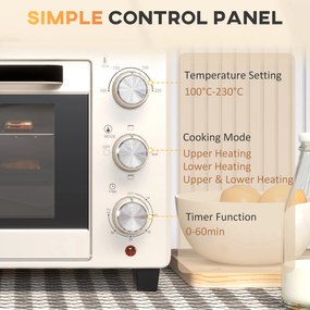 Mini Piekarnik HOMCOM, 3 tryby, do 230° C, 1400W, z akcesoriami, 46x38,5x29cm, Kremowy