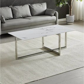 Prostokątny stolik kawowy – Hartowane szkło z efektem białego marmuru – Srebrny metal – CHIARA