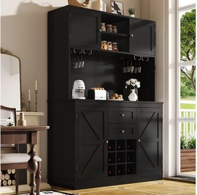 Kredens kuchenny - 4 drzwi i 2 szuflady - Regulowane półki i winnica - Czarny