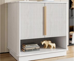 Nowoczesna szafa na buty 60x40x61 cm - 2 fronty - Otwarte półki - Wykończenie imitujące drewno - MDF - Biały