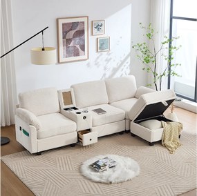 Sofa 3-osobowa, sofa sztruksowa z pufem i szufladami, 2 uchwytami na kubki i portem USB - beżowa