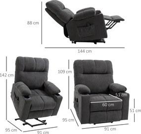 HOMCOM Fotel dla seniora z funkcją podnoszenia i leżenia z pilotem ciemnoszary 144 cm x 91 cm x 88 cm | Aosom PL