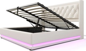 Łóżko ze schowkiem 180x200 cm - biały PU - łóżko dwuosobowe z ładowaniem przez USB i oświetleniem przez LED - bez materaca