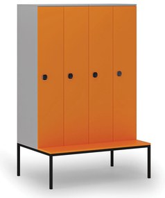 Drewniana szafa ubraniowa S4 z ławką, 4-drzwiowa, 1871 x 1200 x 500/800 mm, demontaż, zamek kodowy, szary/pomarańczowy