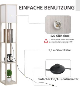 HOMCOM Lampa stojąca z półkami, Lampka stojąca, Drewno, 26 x 26 x 160 cm, do salonu/sypialni (Bez żarówki)