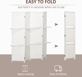 HOMCOM Parawan 4-częściowy 181 x 180 cm, Składany, z 2 półkami wykonany z drewna sosnowego i bambusa, do sypialni, biały | Aosom PL
