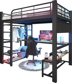 Łóżko piętrowe metalowe dla dzieci - 140 x 200 cm - z oświetleniem LED + półki + biurko + suszarka na ubrania - czarne