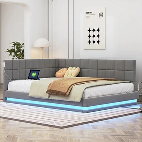 Łóżko tapicerowane 140 x 200 cm, sofa rozkładana z miękkim wezgłowiem - listwa świetlna LED, gniazdo USB - tkanina aksamitna - szare (bez materaca)