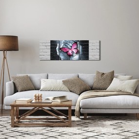 Obraz - Różowy motyl w ścianie (z zegarem) (90x30 cm)