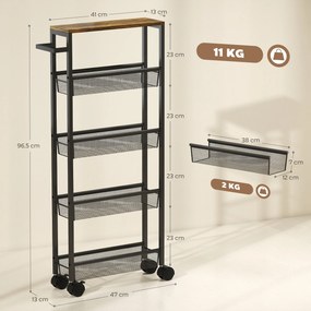 HOMCOM Wózek kuchenny serwisowy 5 poziomów, wózek regał kuchenny z blatem, kółka, uchwyt 47 x 13 x 96,5 cm, Czarny